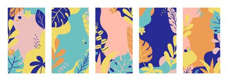 Summer banner collection. Social media template stories with tropical leaves and plants in pastel colors. Summer vacation concept. Bright design for banner, poster, advertising. Vector illustrationのイラスト素材