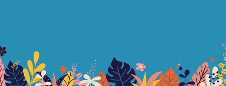 Summer long border with tropical leaves and plants. Cover design. Social media template stories. Summer vacation concept. Color decoration for banner, poster, advertising. Vector illustration.のイラスト素材