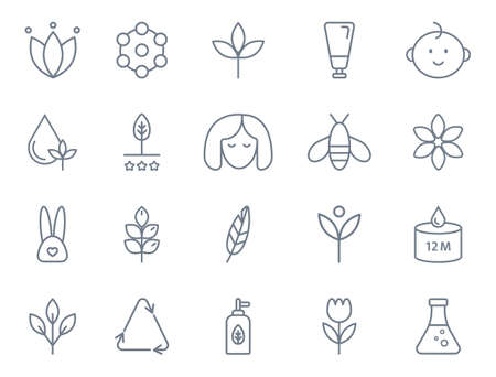 Natural organic cosmetic line icons big set. Hypoallergenic, safe for children, clean cosmetic, cruelty free, non toxic. Organic products badges. Vegan, bio food. GMO free emblem. Vector illustrationのイラスト素材