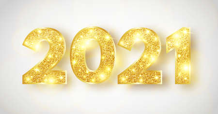 2021 Happy New Year banner. Luxury greeting card with gold sparkling numbers. Bright holiday background. Christmas decoration. Party design elements. Vector illustrationのイラスト素材