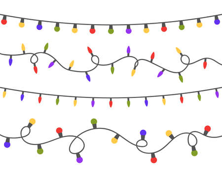 Color garland set isolated on white background. Christmas bright colored lights decoration. Glowing bulb for xmas cards, banners, posters, web. Led neon lamp. Vector illustrationのイラスト素材