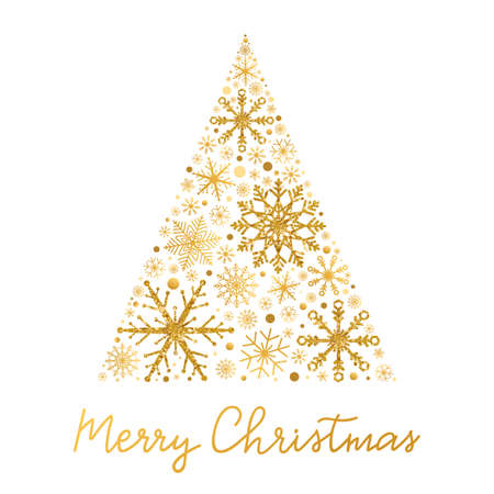 Christmas tree with glitter gold snowflakes and snow balls. Greeting card with christmas tree and hand lettering. Luxury Holiday ornament. Winter design elements. Vector illustrationのイラスト素材