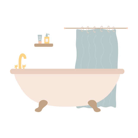 Hand drawn bathroom interior. Home decoration. Cozy modern comfy apartment. Everyday personal care, hygiene procedure. Bathroom organization. Morning routine. Cute flat Vector illustrationのイラスト素材