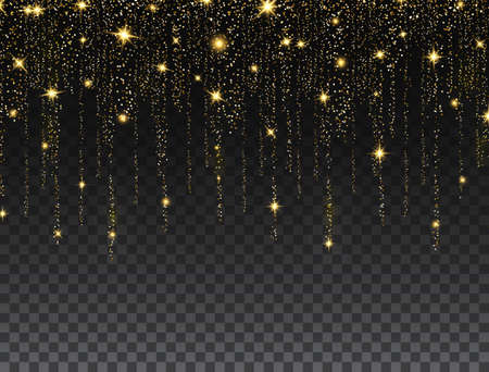 Glitter decoration frame. Gold particle lines on dark background. Golden sparkling confetti. Luxury holiday border. Luxury celebration banner. Bright sparkles and dust. Vector illustrationのイラスト素材