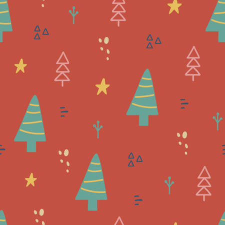 Christmas seamless pattern with xmas tree, stars. Hand drawn unique texture for greeting card....