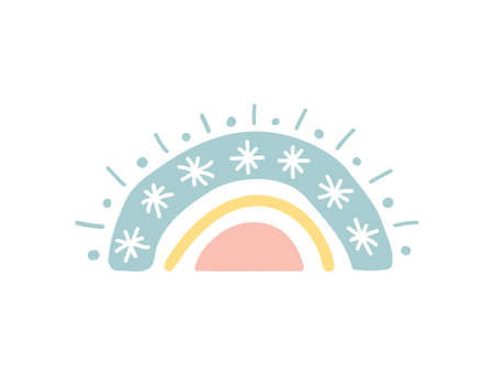 Rainbow with snowflakes. Baby shower sticker. Unique hand drawn rainbow. Cute kids nursery icon in pastel color. Lovely cartoon rainbow for wallpaper, fabric, wrapping, apparel. Vector illustrationのイラスト素材