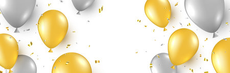 Celebration background with gold and silver balloons and flying confetti. Happy birthday banner. Anniversary party decoration. Golden foil balloon. Grand opening border. Vector illustrationのイラスト素材
