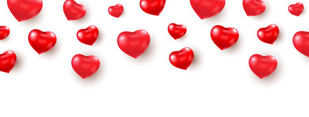 Heart red balloon border. Celebration background. Realistic red balloons shape heart frame. Happy Valentines Day greeting card. Luxury party banner. Vector illustrationのイラスト素材