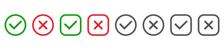 Check marks and cross mark set. Green tick and red cross in circle and square shape. YES or NO symbol. Concept of checklist, reject or accept. Vector illustrationのイラスト素材