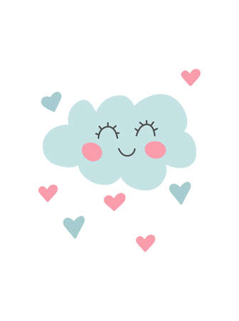 Hand drawn funny cloud with hearts. Unique doodle kids nursery decoration. Organic shapes cover design in pastel colors. Baby shower invitation. Vector illustrationsのイラスト素材