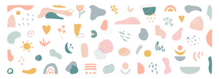 Organic shapes set on long banner. Hand draw abstract design elements in pastel colors. Minimal stylish cover template. Art form for social media stories, branding, banner, decor. Vector illustrationのイラスト素材