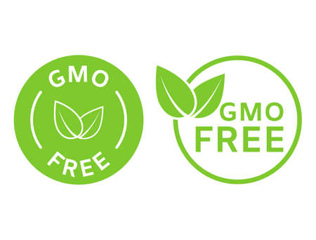 GMO free icons. Non GMO labels. Healthy organic food concept. No GMO design elements for tags, product packag, food symbol, emblems, stickers. Healthy, eco, vegan, bio. Vector illustrationのイラスト素材