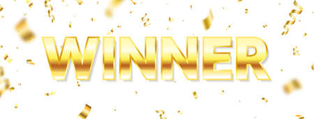 Winner long banner. Luxury congratulations banner. Winners team. Gold text with flying confetti. You are win celebration background. Successful champions. Vector illustrationのイラスト素材
