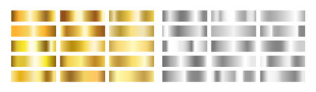 Gold and silver gradient set. Golden foil brass material. Copper paper sheet plate. Shine yellow border. Luxury design for award, medal, win. Steel frame. Vector illustrationのイラスト素材