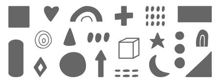 Geometric shapes set on long background. Abstract graphic design elements. Organic shapes in dark color. Hand drawn doodle decoration. Memphis art banner. Minimal trendy texture. Vector illustrationのイラスト素材