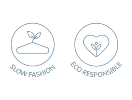 Slow fashion and eco responsible line icons. Sustainable clothes logo. Eco product badge. Organic cotton, natural dyes, renewable crop label. Conscious development. Vector illustrationのイラスト素材