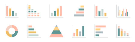 Graph chart color icons set. Annual report presentation. Business data statistic. Financial bar sign. Pie chart diagram. Finance progress plan. Web interface. Infographic template. Vector illustrationのイラスト素材