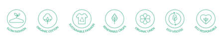 Sustainable clothes line icon set. Slow fashion. Eco viscose product label. Organic cotton, natural dyes, renewable crop badge. Conscious development. Fair trade. Vector illustrationのイラスト素材