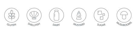 Allergen line icon big set. Gluten mustard, shellfish gmo sesame, lactose, mollusk, mushrooms free. Organic and natural food labels on long banner. Allergy warning ingredients. Vector illustrationのイラスト素材