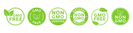 Non GMO labels. GMO free icons. Healthy food concept. Organic cosmetic. No GMO design elements for tags, product package. Eco, vegan, bio. Beauty product. Sustainable life. Vector illustrationのイラスト素材