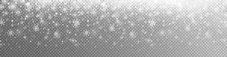 Snowflakes on long transparent background. Snow flake texture. Snowfall banner. Christmas design. Winter holiday card. Magic decoration. New Year backdrop. Glowing light. Vector illustrationのイラスト素材