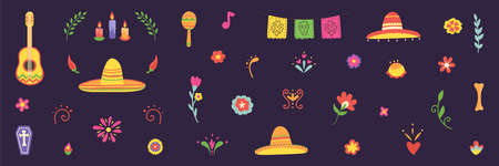 Dia de los Muertos unique hand drawn design elements. Mexico culture Holiday poster. Day of the Dead Mexican icons big set. Cinco de Mayo. Death pattern. Embroidery banner. Vector illustrationのイラスト素材