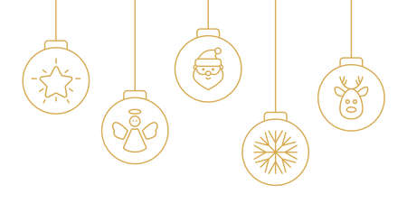 Christmas hanging line art balls on white background. Holiday gold baubles with snowflake, star, santa, christmas tree, reindeer, angel. New year card. Party design. Vector illustrationのイラスト素材