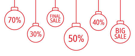 Christmas sale label set. Line art red xmas balls with sign final, big sale. Merry Christmas and New Year paper tags. Special offer price. Holiday discount, shopping promotion. Vector illustrationのイラスト素材