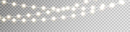 Christmas lights on transparent background. Glowing golden garland light bulb. Led neon lamp. Bright decoration for xmas card, banner, poster, web. Celebration Holiday border. Vector illustrationの写真素材
