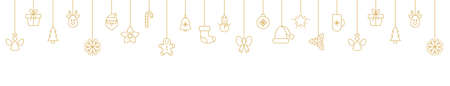 Christmas gold line art baubles with snowflake, santa, angel, christmas tree, reindeer, candy cane, gift. Holiday hanging on long banner. New year card. Party design elements. Vector illustrationのイラスト素材