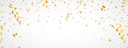Falling shiny gold confetti. Glitter confetti frame on long background. Anniversary celebration banner. Bright festive tinsel. Birthday party backdrop. Holiday design elements. Vector illustrationのイラスト素材