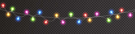 Christmas color lights on long background. Garland lights decoration. Led neon lamp. Glow colored bulb. Bright decoration for xmas cards, web banner, posters. Vector illustrationのイラスト素材