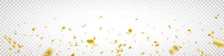Gold confetti border. Confetti frame on long background. Anniversary celebration banner. Bright golden falling festive tinsel. Birthday party backdrop. Holiday design element. Vector illustrationのイラスト素材