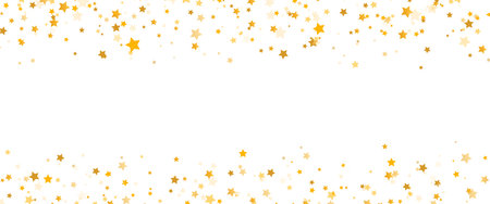 Glitter golden stars frame on white background. Luxury elegant design elements. Gold shooting stars border. Magic confetti decoration. Christmas texture. Vector illustrationのイラスト素材
