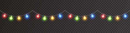 Garland lights decoration. Christmas color lights on long banner. Led neon lamp. Glow colored bulb string. Bright decoration for xmas cards, web, posters. Vector illustrationのイラスト素材