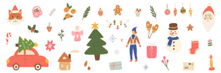 Merry Christmas unique hand drawn illustrations set. Holiday ornament for greeting card, poster, tag. Cute winter design. Party decoration. Xmas tree, santa, gift, snowflakes. Vector illustrationのイラスト素材