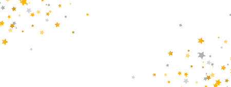 Golden and silver stars on white long background. Starry frame. Glitter elegant design element. Gold shooting star. Stardust trail. Galaxy magic decoration. Christmas texture. Vector illustrationのイラスト素材