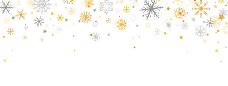Golden and silver snowflakes frame with different ornament. Snowflake and star falling on white background. Luxury Christmas garland. Winter ornament for packaging, cards. Vector illustrationのイラスト素材