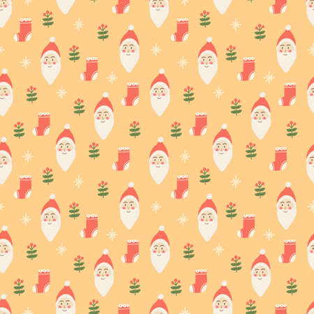 Christmas pattern with santa claus and snowflakes. Vintage hand drawn background. Winter ornament. Happy New Year wallpaper. Holiday decoration. Floral background. Children room. Vector illustrationのイラスト素材