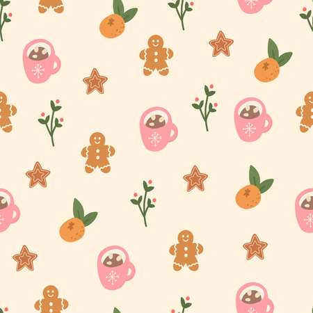 Christmas hand drawn background with candy, oranges, gingerbread. Happy New Year seamless pattern. Xmas party decor. Holiday texture. Season Celebration banner. Winter sale. Vector illustrationのイラスト素材