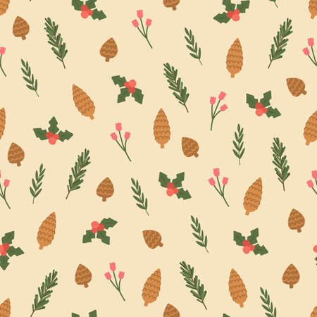 Christmas seamless pattern with holly berries, pine cone. Hand drawn Xmas vintage texture. New Year banner. Noel decor. Festive card. Cartoon design. Poster, party invitation. Vector illustrationのイラスト素材