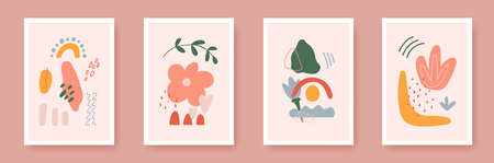 Poster wall set with organic element design. Minimal art. Modern room decor. Geometric shapes in pastel color. Unique hand drawn collage. Contemporary texture for print, brochure. Vector illustrationのイラスト素材