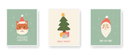 Merry Christmas unique hand drawn poster set. Santa, xmas tree, gift box, cat. Holiday greeting cards. Hand lettering Meowy Christmas, Holly night. Cute winter design. Vector illustrationのイラスト素材
