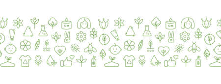 Natural and organic cosmetic line icon on long banner. GMO free. Recycle, reuse, reduce logo. Beauty product. Hypoallergenic, safe for children, clean, non toxic. Eco, vegan, bio. Vector illustrationのイラスト素材