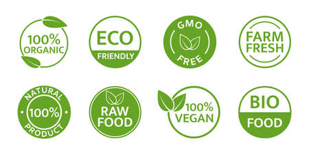 Eco-friendly, bio icon set. Organic icon. Vegan ecology product stamp. Nature fresh food. Vegetarian plant badge. Quality sign. Healthy premium emblem. Green leaf. Ecology market. Vector illustrationのイラスト素材