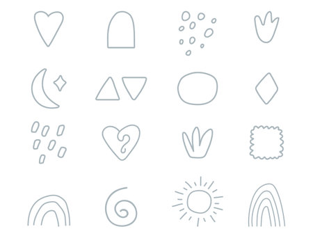 Hand drawn line art design elements. Minimal cute cover icons. Organic form background. Social media minimal stylish templates. Kids doodle room decoration. Vector illustrationのイラスト素材