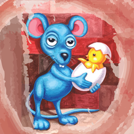 Imagination watercolor mouse holding cracked egg chick. fairytale blue mouse. Children illustrationのイラスト素材