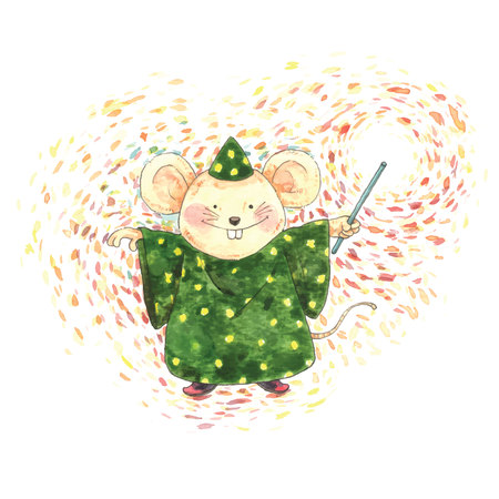 Imagination watercolor mouse magician with magic wand. fairytale magician. Children illustrationのイラスト素材