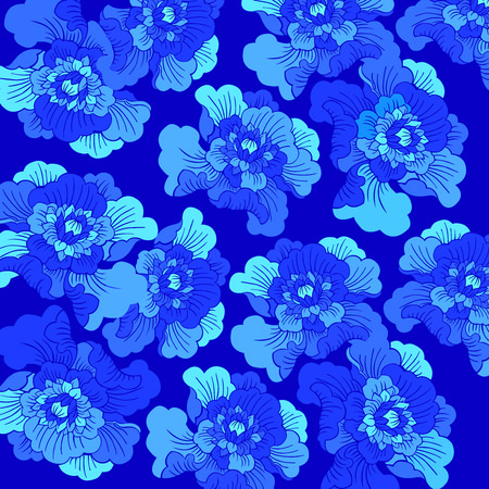 Seamless Blue Peony flower background, mudan flower, blue hue, flowers, chinese cultrure, decoration, art, vector, ocean blue, sky blue, dark blue, sea blue, misteryのイラスト素材