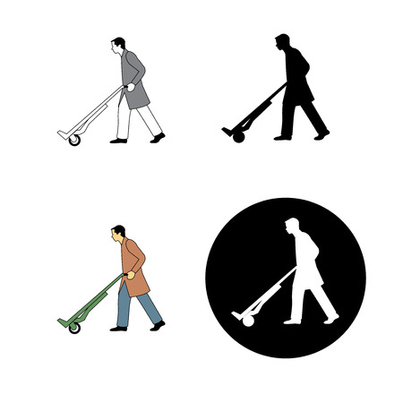 set of man pushing a trolley icon, working, worker, warehouse, weight, strong, icon, graphic, notice, pushing, hard, heavy, products, retail, factory, danger, staffのイラスト素材